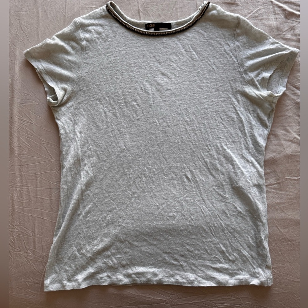 Maje Ice Blue Linen Rhinestone Embellished Tee - Size 1 S